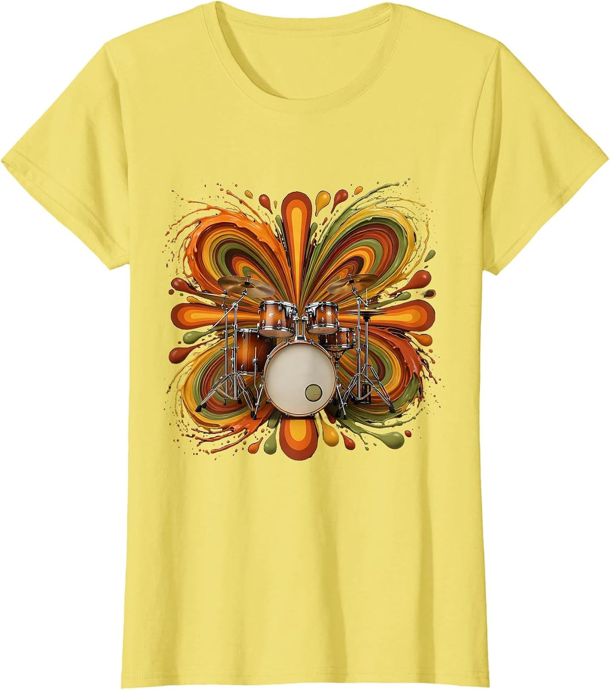 Exploding Drum Kit Colorful Paint Splatter Art T-Shirt - Lemon Yellow