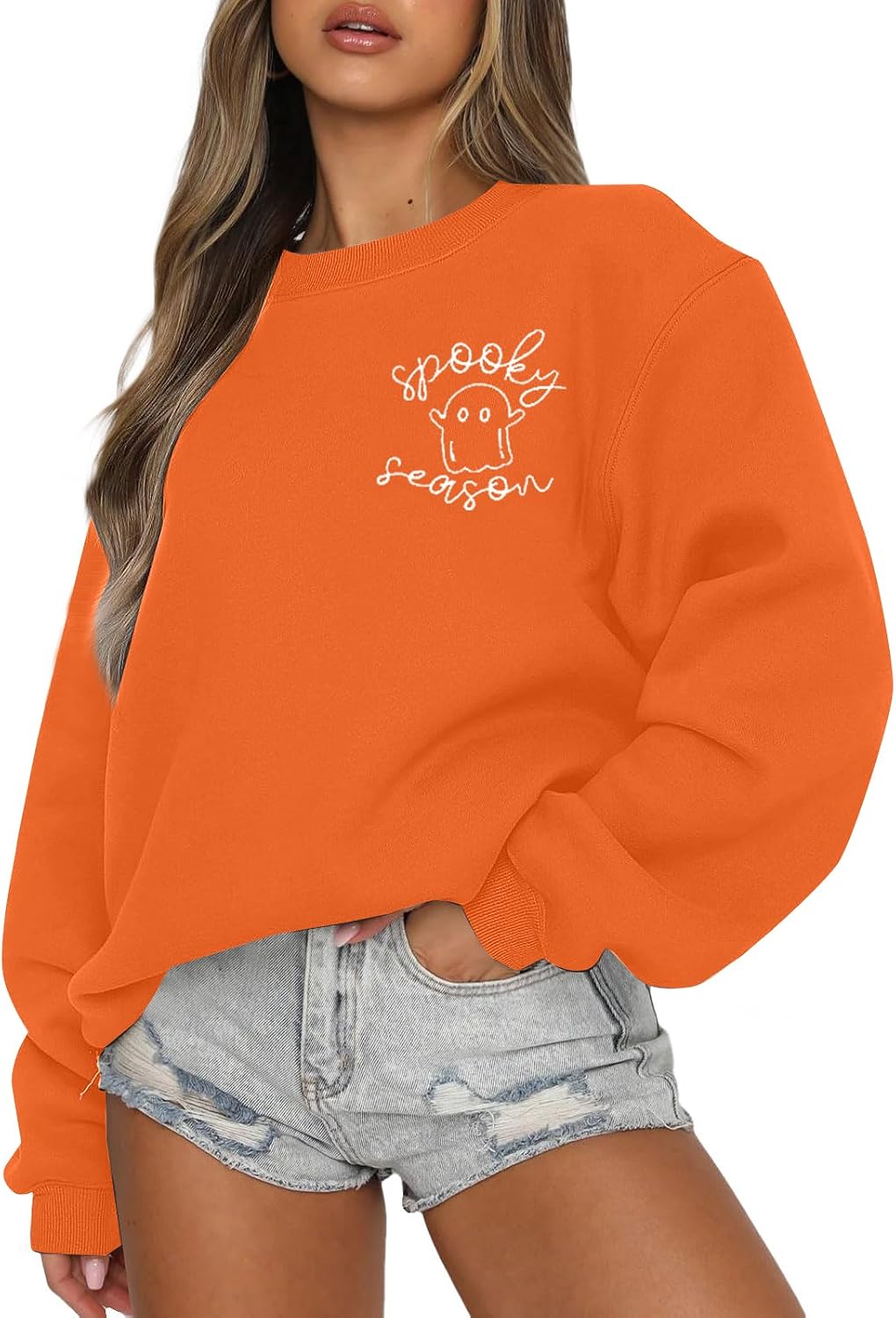 Women's Halloween Sweatshirt, Spooky Season Graphic Crewneck Top - Oversized Orange