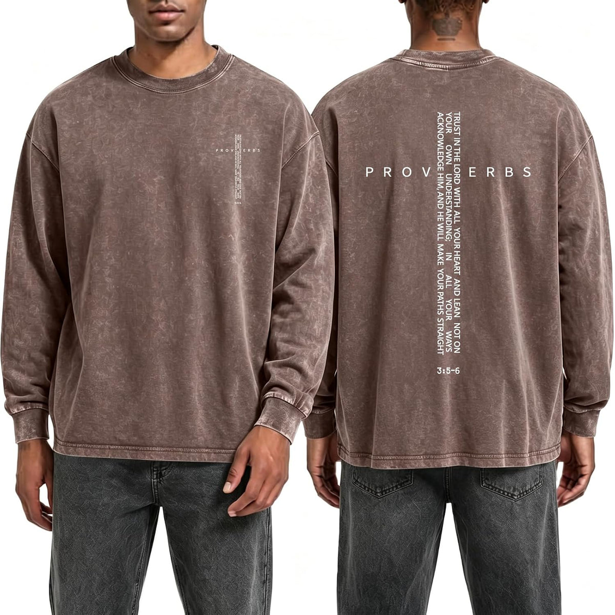 Christian Long Sleeve Shirts for Men Oversized Jesus Faith Shirt Bible Verse Cross Graphic T-Shirts Acid Wash Tshirt - Coffee