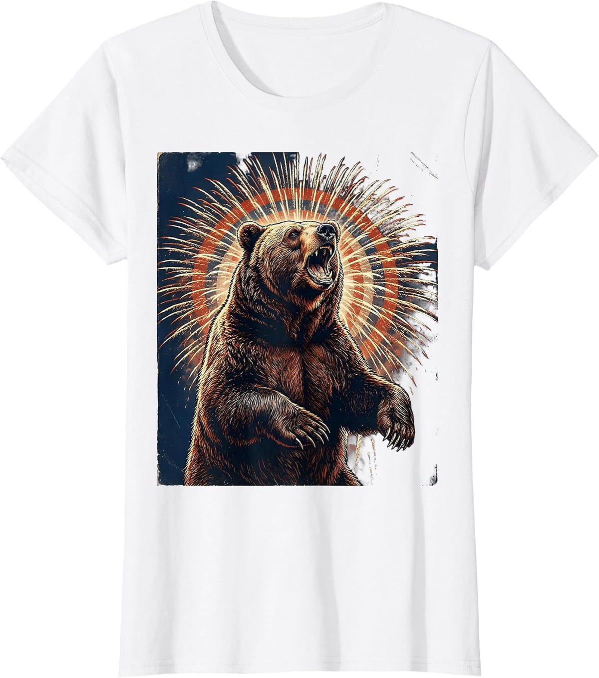 Women's Red White Blue Roaring Bear Firework Burst T-Shirt - White