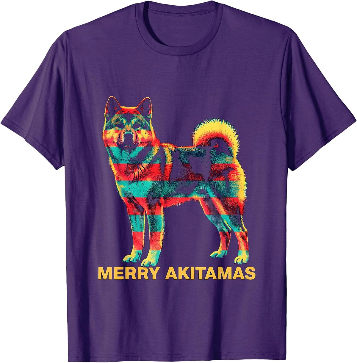 Men's Merry Akitamas Risograph Christmas Dog Breed Lover Novelty T-Shirt - Purple