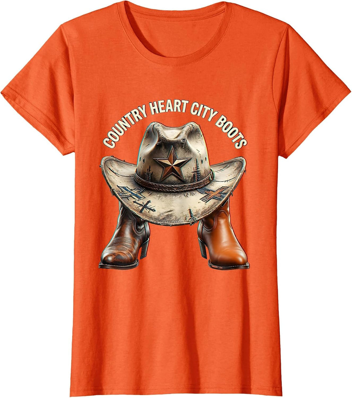 Country Heart City Boots Cowboy Design T-Shirt - Orange