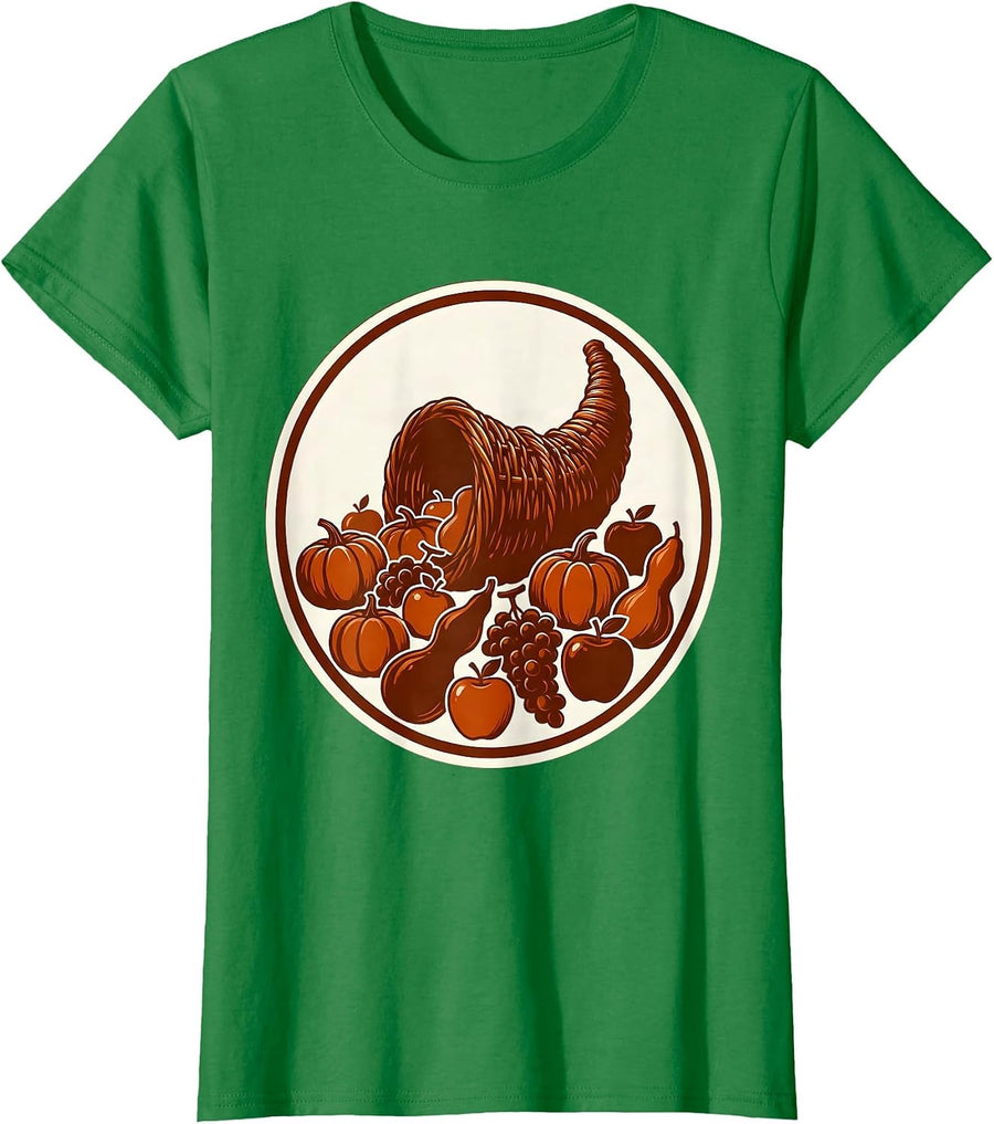 Women's Thanksgiving Cornucopia Harvest Abundance Design T-Shirt - Kelly Green