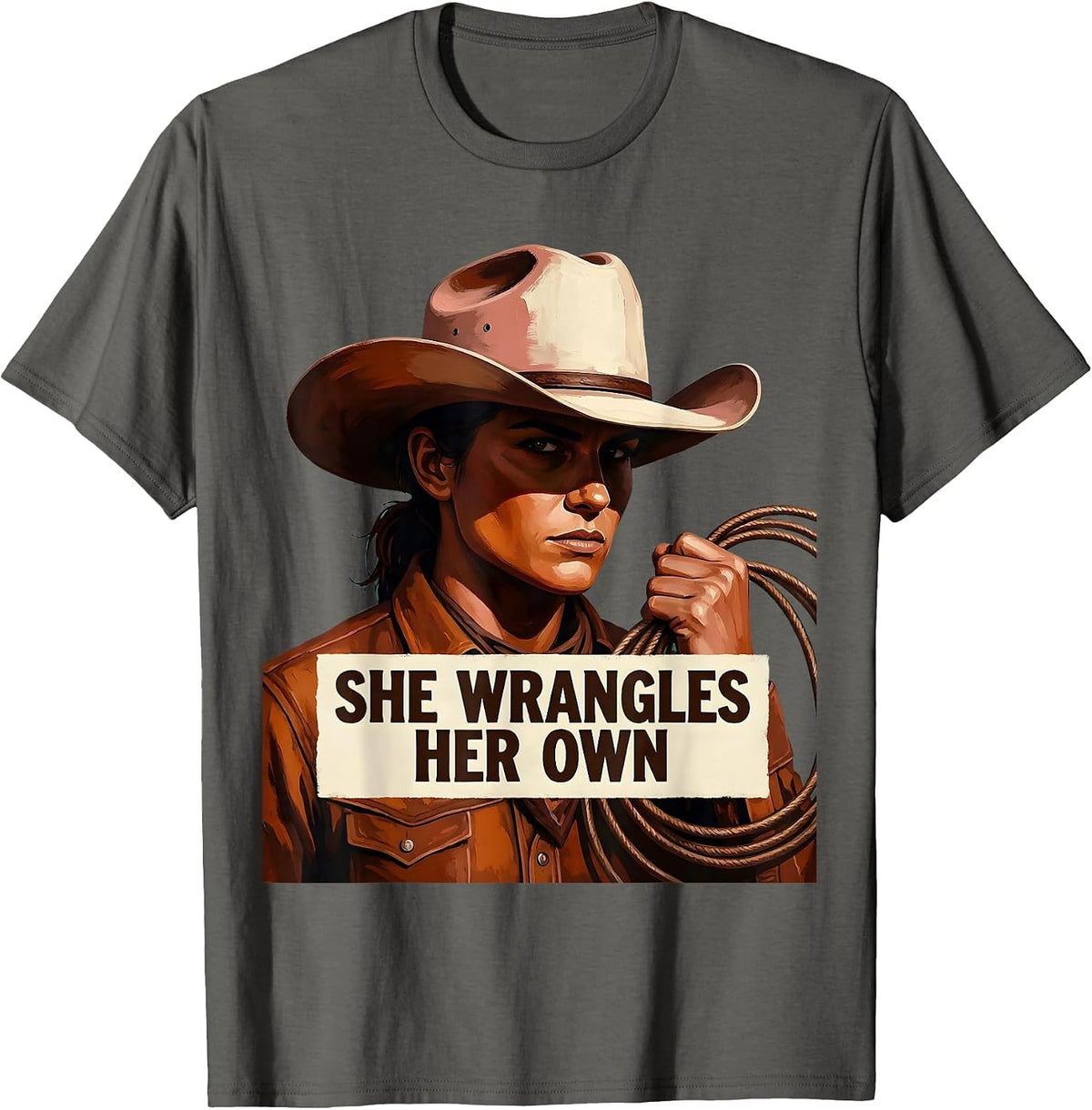 She Wrangles Her Own Western Cowgirl Design T-Shirt - Asphalt Grey