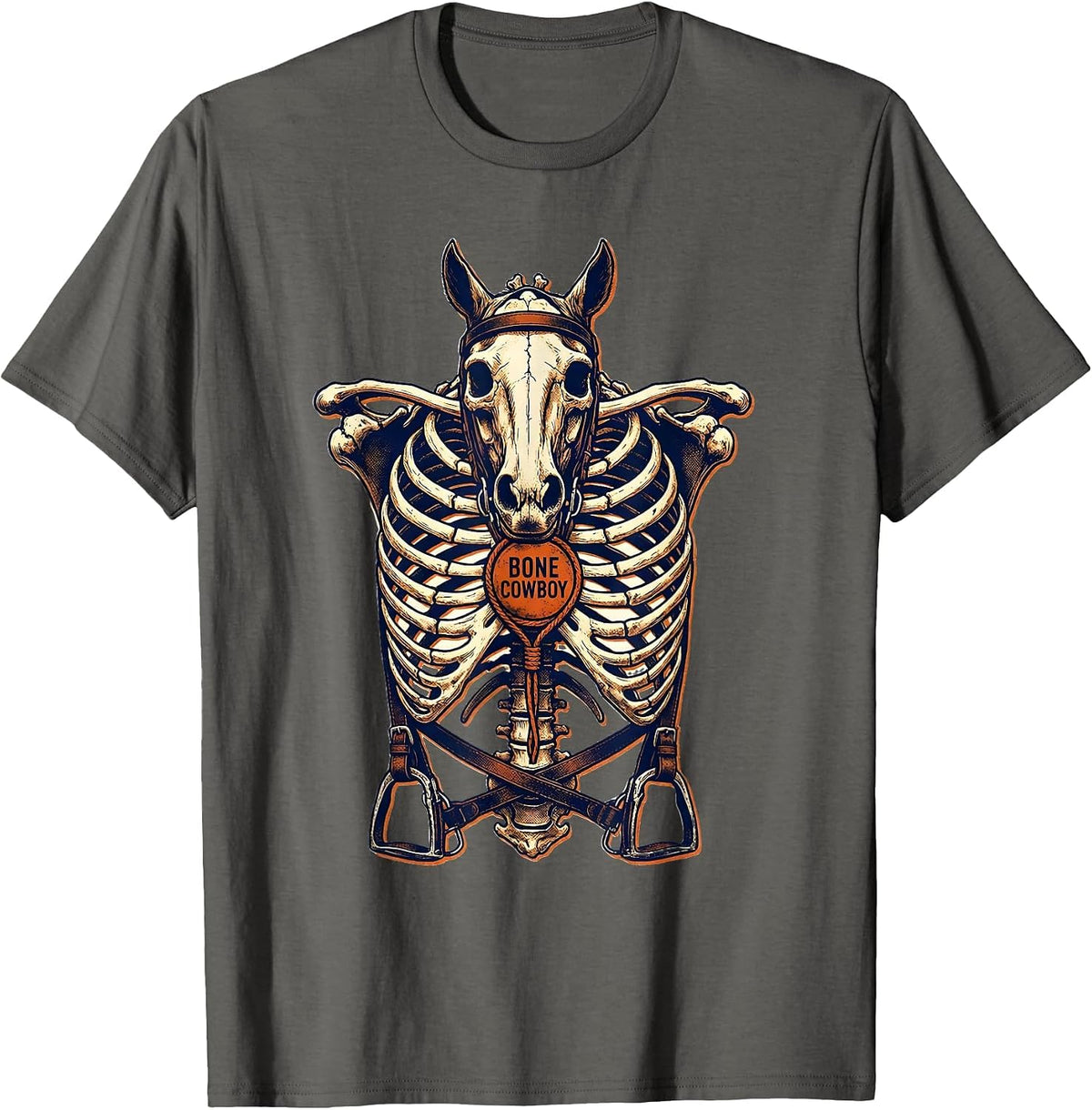 Men's Bone Cowboy Risograph Skeleton Horse Equestrian Halloween T-Shirt - Asphalt Grey