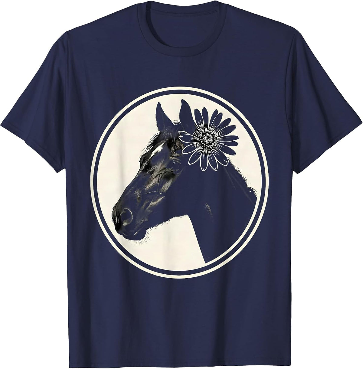 Horse Muzzle Wildflower Floral Nature Illustration T-Shirt - Navy Blue