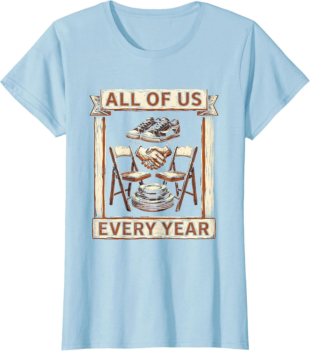 Women's All Of Us Every Year Linocut Family Reunion Matching T-Shirt - Baby Blue