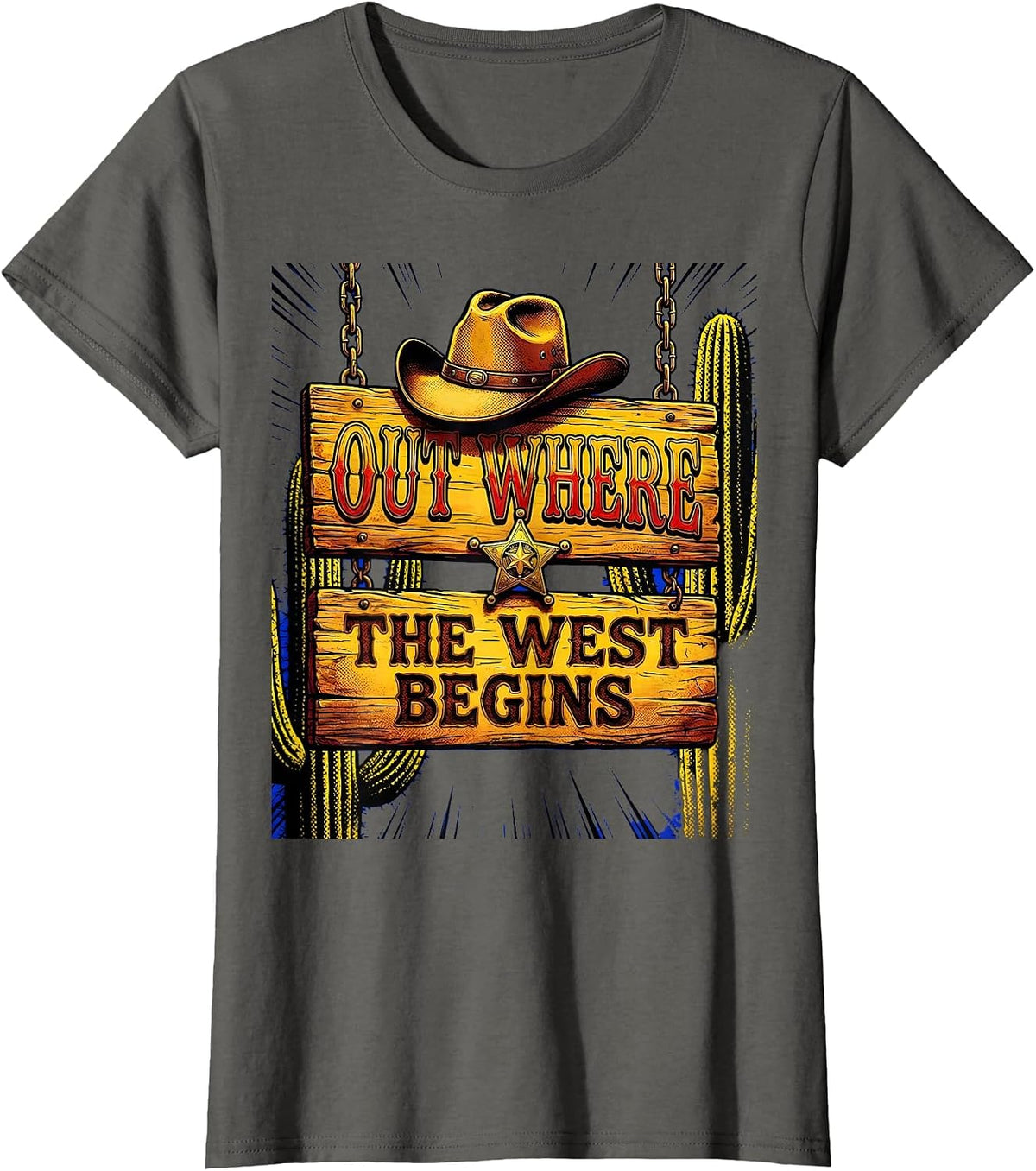 Women's Out Where The West Begins Cowgirl Design T-Shirt - Asphalt Grey