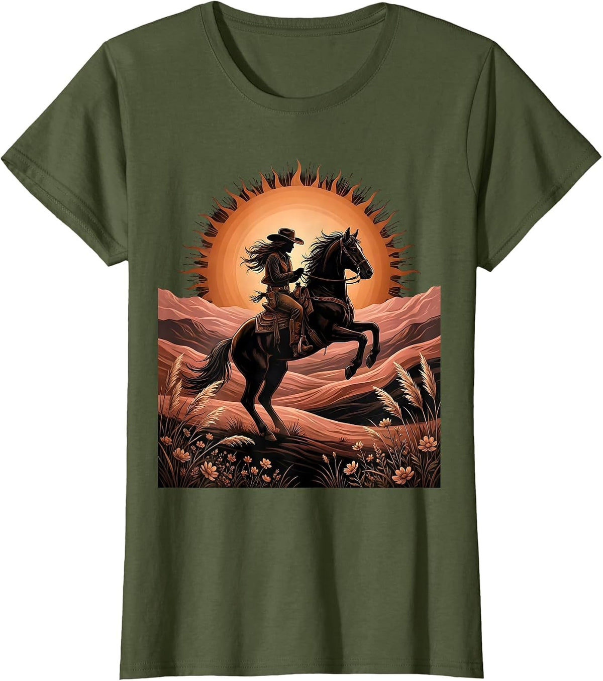 Women's Cowgirl Riding Horse at Sunset Western Design T-Shirt - Olive Green