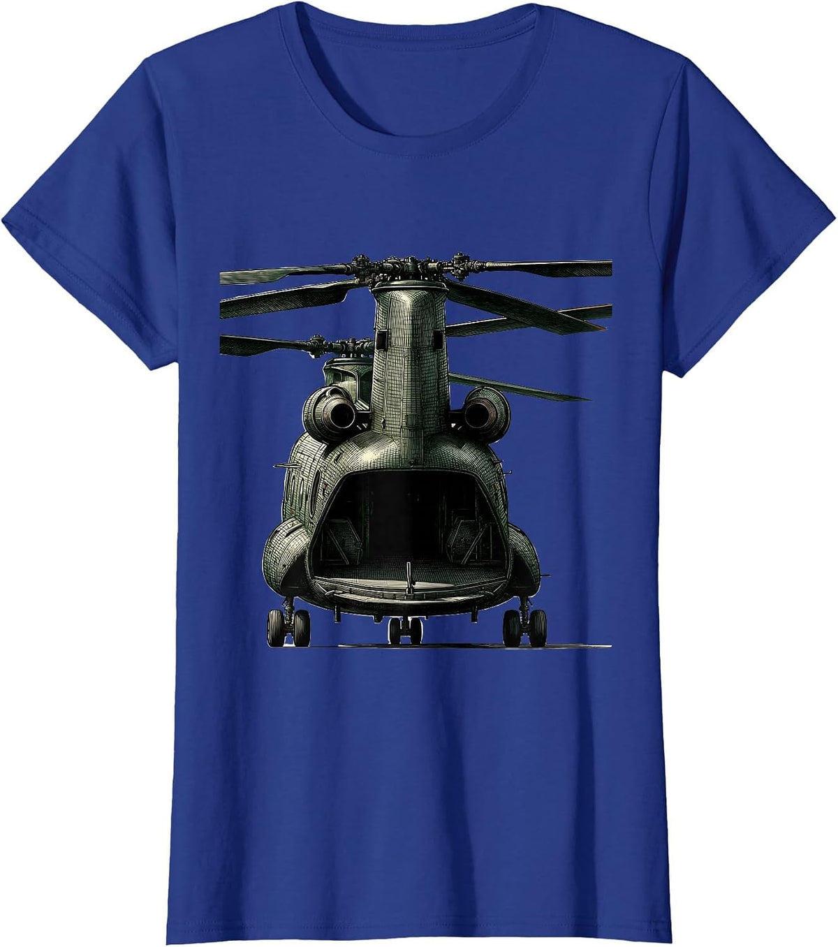 Women's CH-46 Sea Knight Crosshatch Etching Military Helicopter T-Shirt - Royal Blue