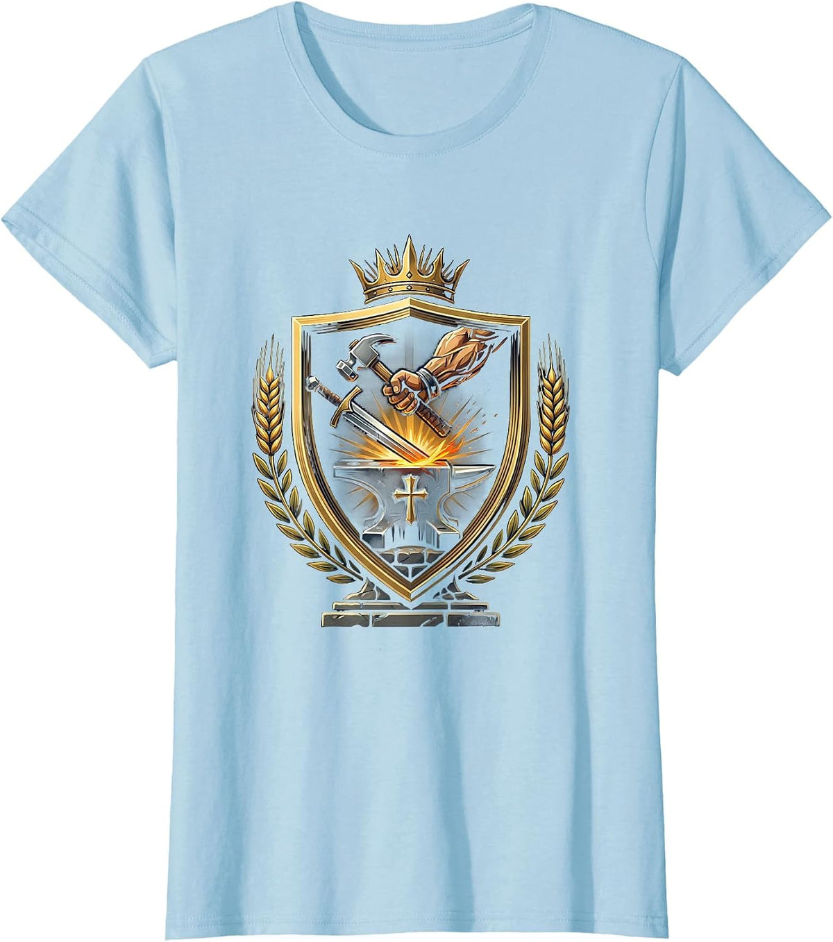 Women's Christian Blacksmith Hand Forging Sword at Anvil T-Shirt - Baby Blue