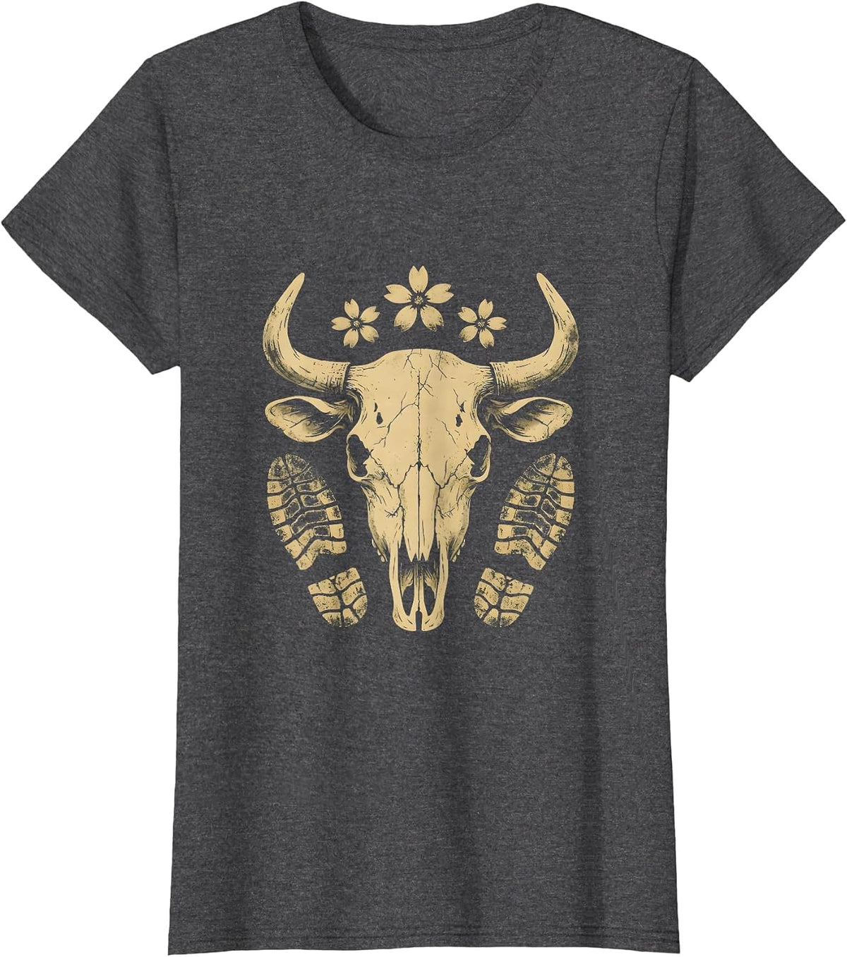 Women's Dusty Trail Boot Prints Cowboy Western Graphic T-Shirt - Dark Heather Grey