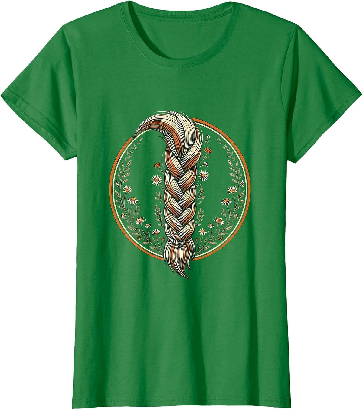 Braided Horse Tail Wildflowers Floral Illustration T-Shirt - Kelly Green