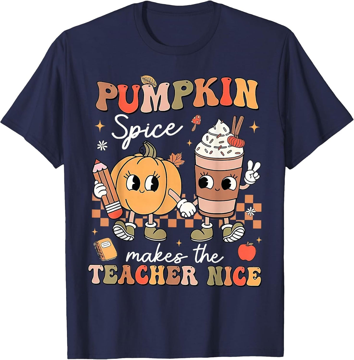 Pumpkin Spice Makes Teacher Nice Retro Fall Spooky Season T-Shirt - Navy Blue