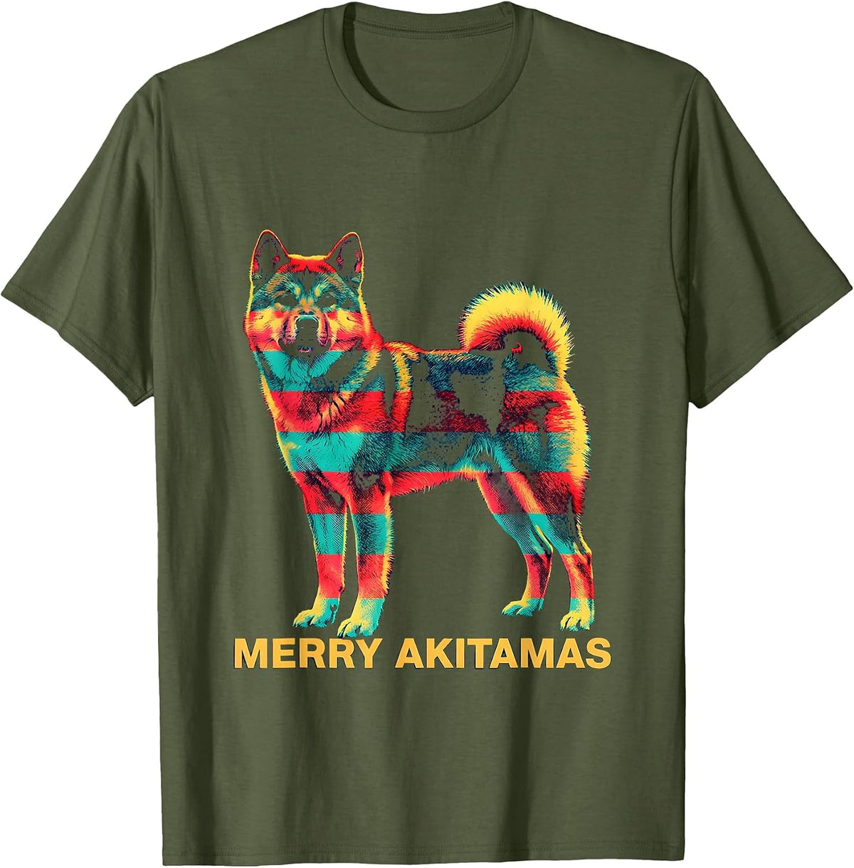 Men's Merry Akitamas Risograph Christmas Dog Breed Lover Novelty T-Shirt - Olive Green