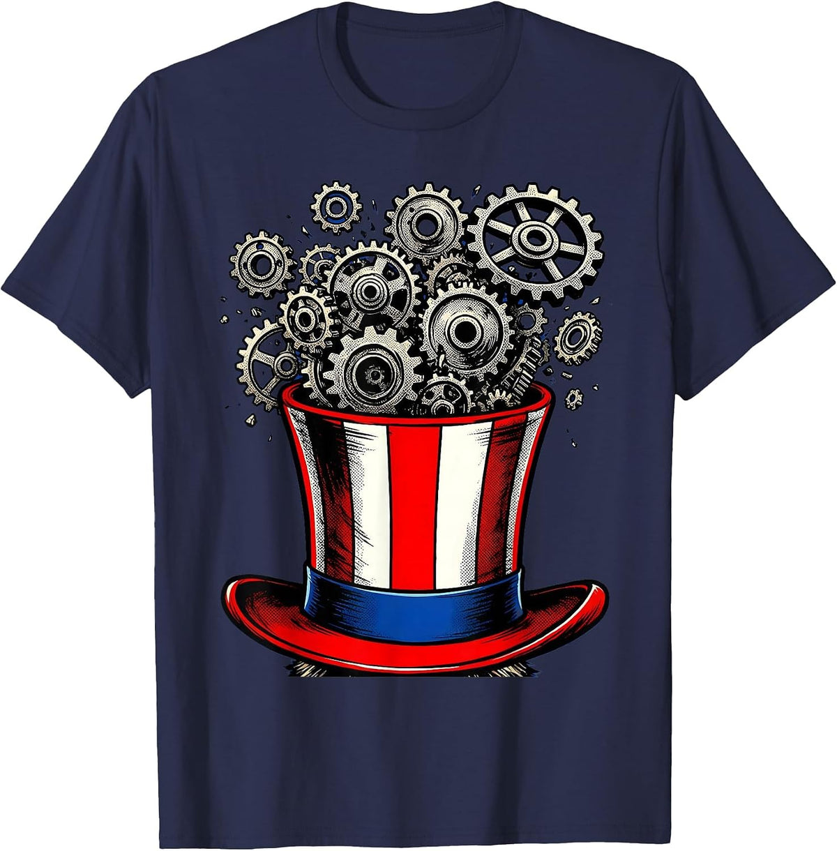 Uncle Sam Hat Overflowing Gears Patriotic Design T-Shirt - Navy Blue
