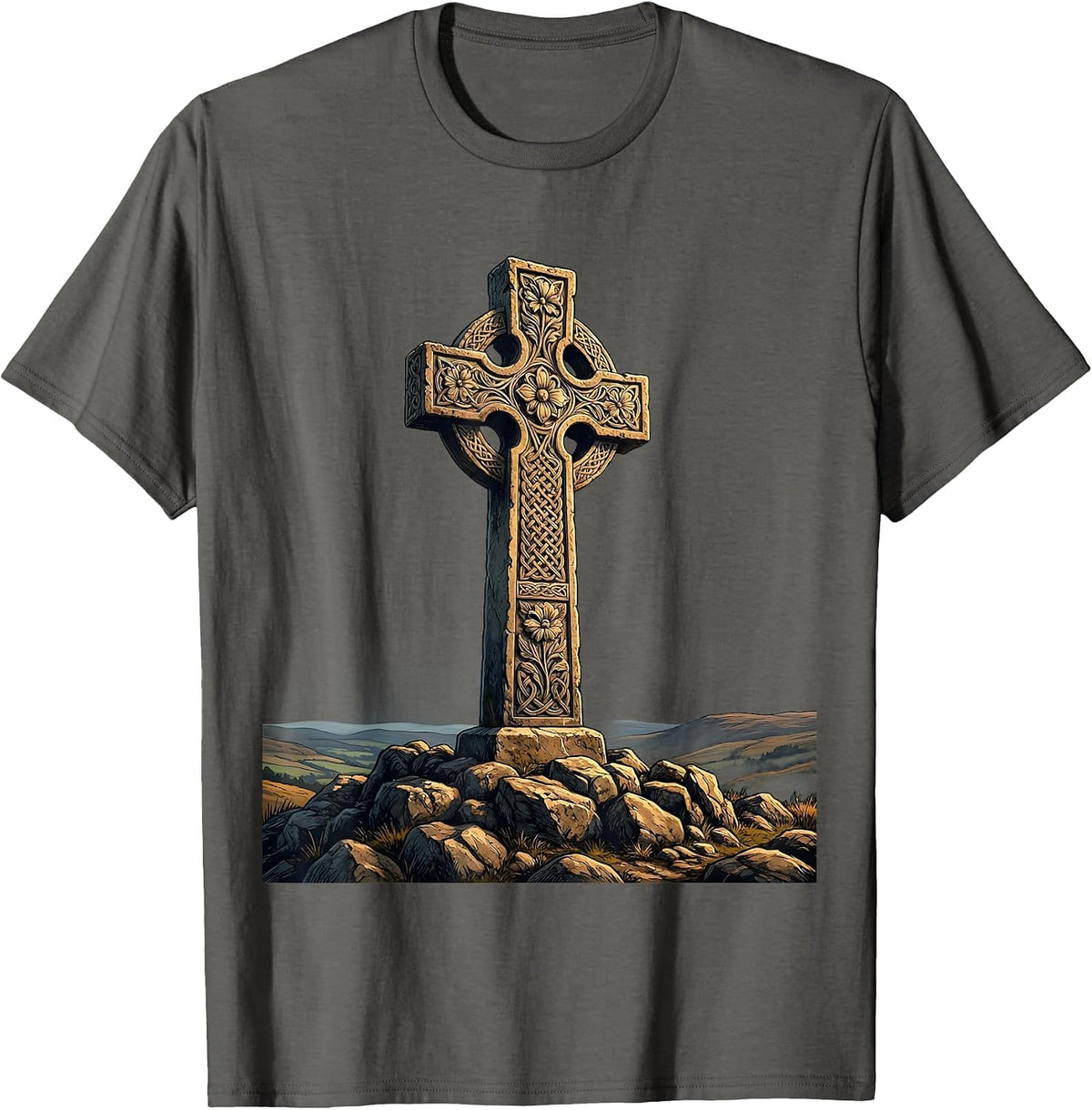 Ornate Stone Cross on Rocky Hilltop Illustration T-Shirt - Asphalt Grey