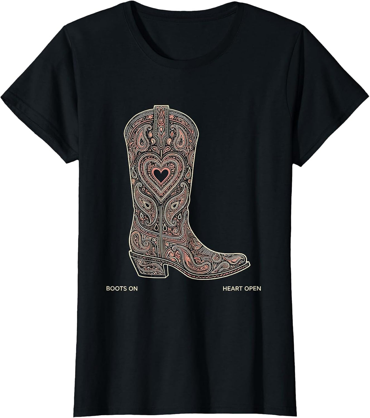 Women's Boots On Heart Open Girls Western Design T-Shirt - Black