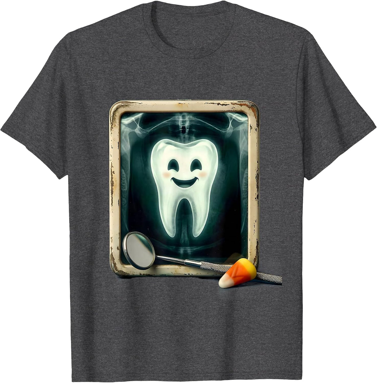 Men's Vintage Ghost Tooth Halloween Dental Staff Costume T-Shirt - Dark Heather Grey