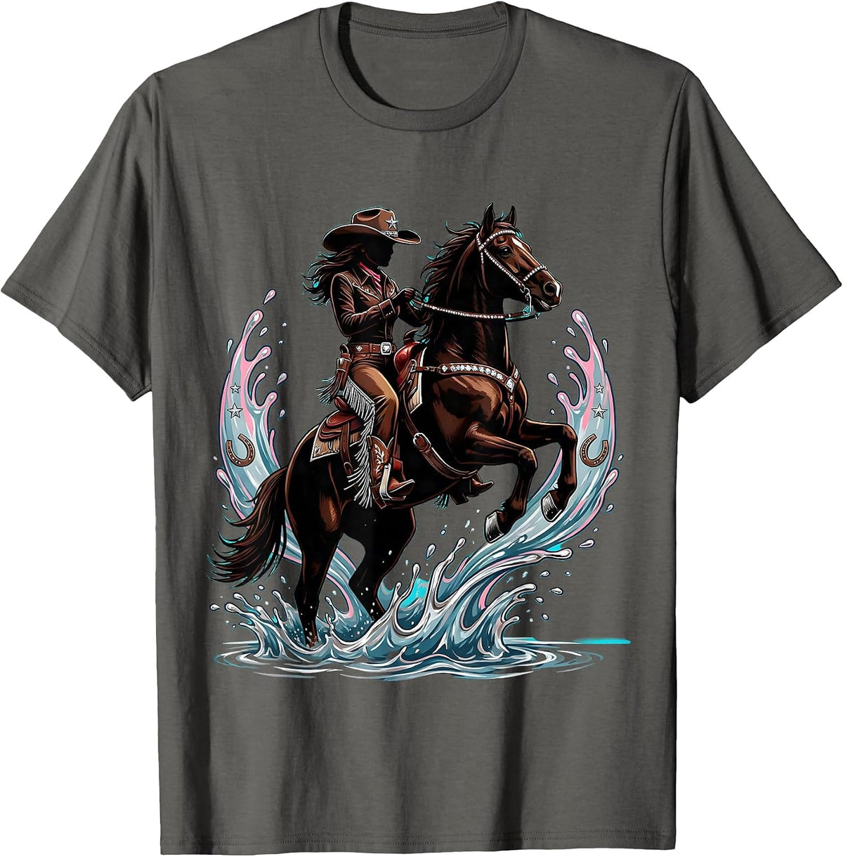 Cowgirl Riding Horse Through Splashing River T-Shirt - Asphalt Grey