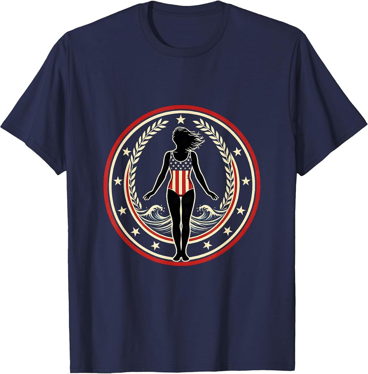 Stars and Stripes Swimsuit Beach Illustration T-Shirt - Navy Blue