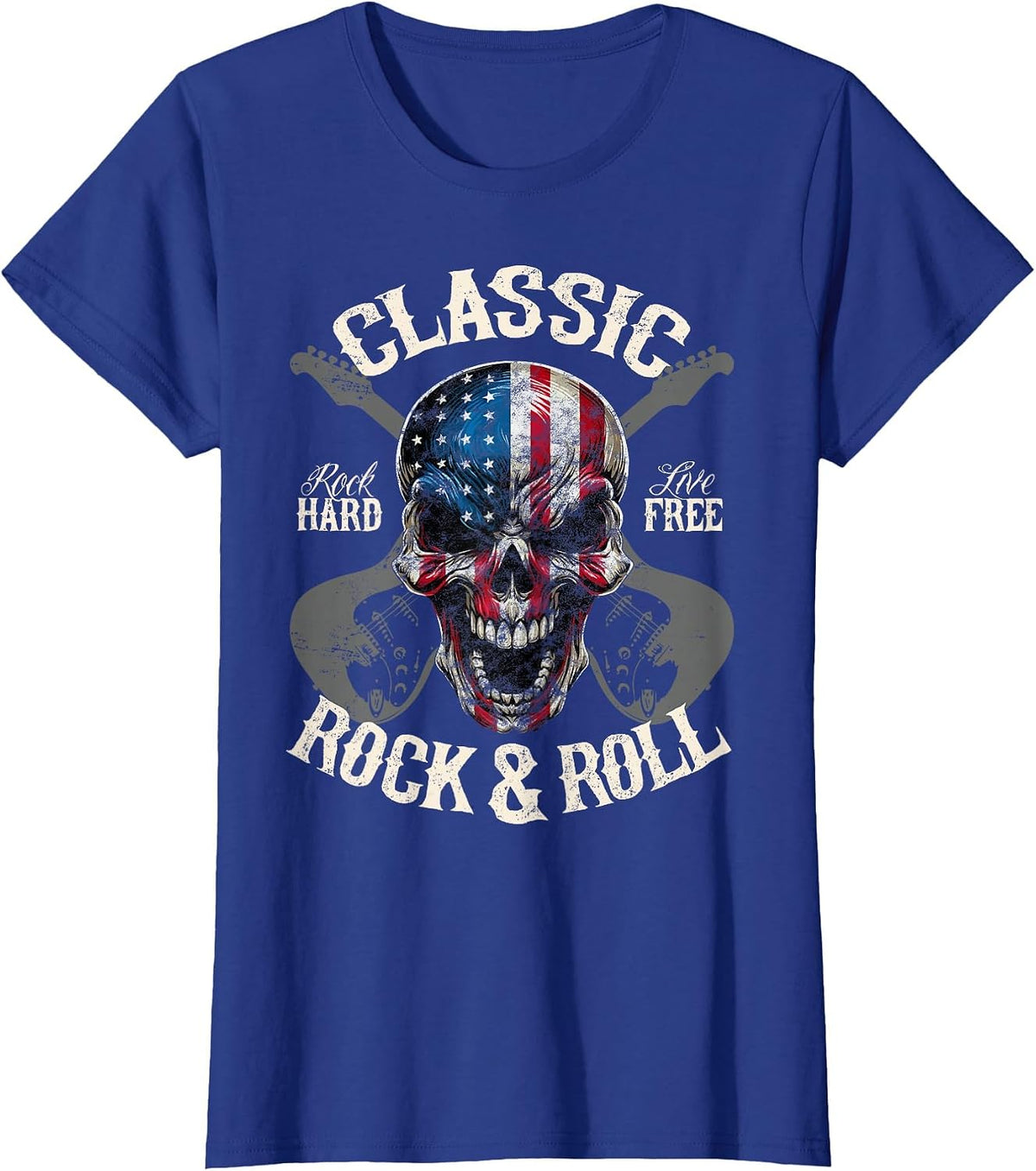Classic Rock and Roll American Flag Guitar Skull Concert T-Shirt - Royal Blue