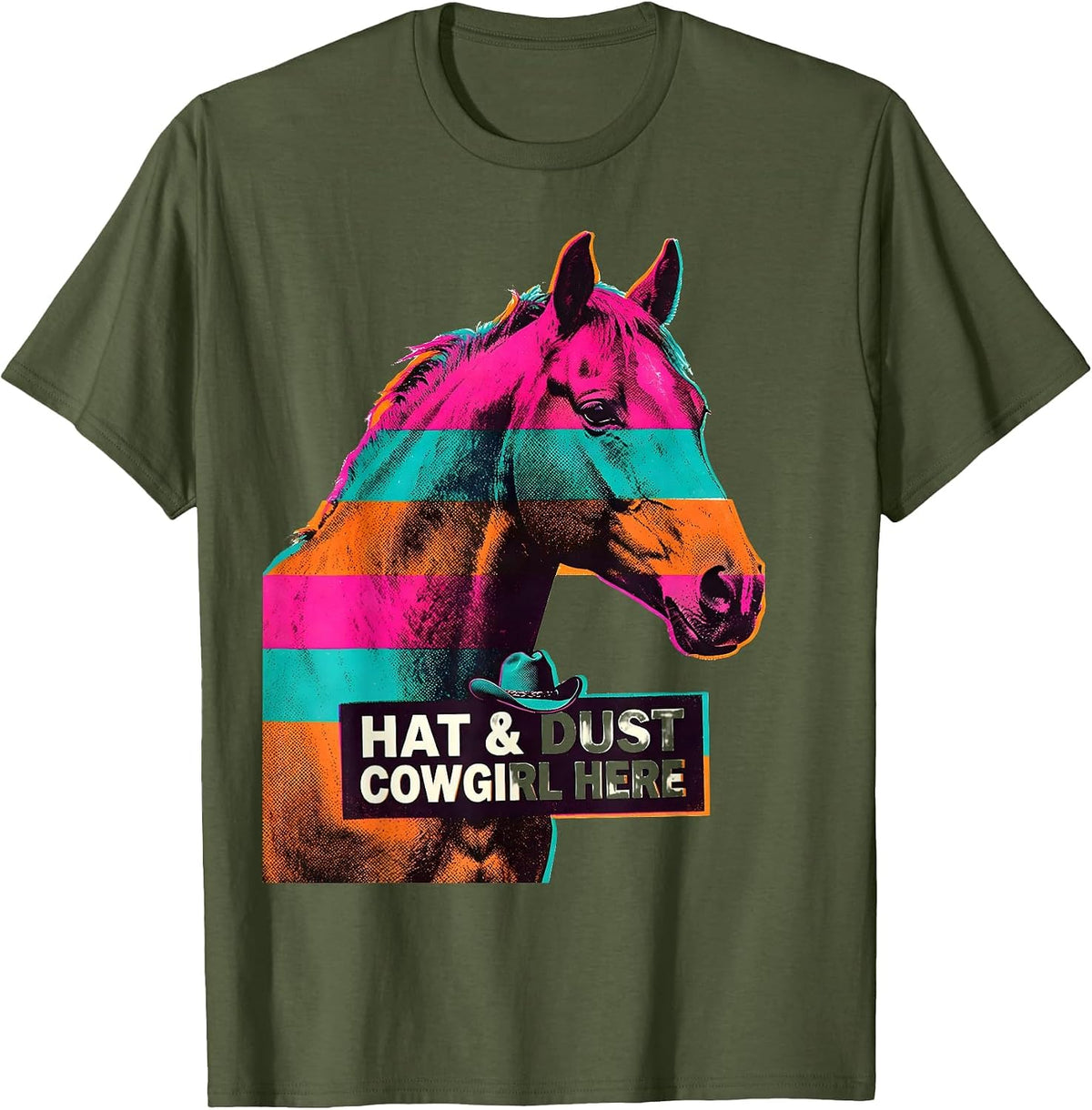 Hat & Dust Cowgirl Here Risograph Western Rodeo Pride T-Shirt - Olive Green
