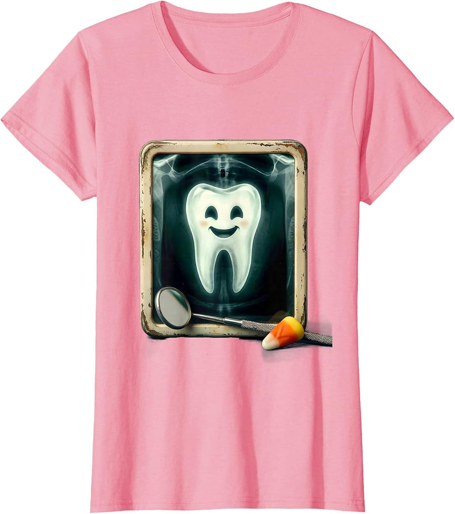 Women's Vintage Ghost Tooth Halloween Dental Staff Costume T-Shirt - Pink