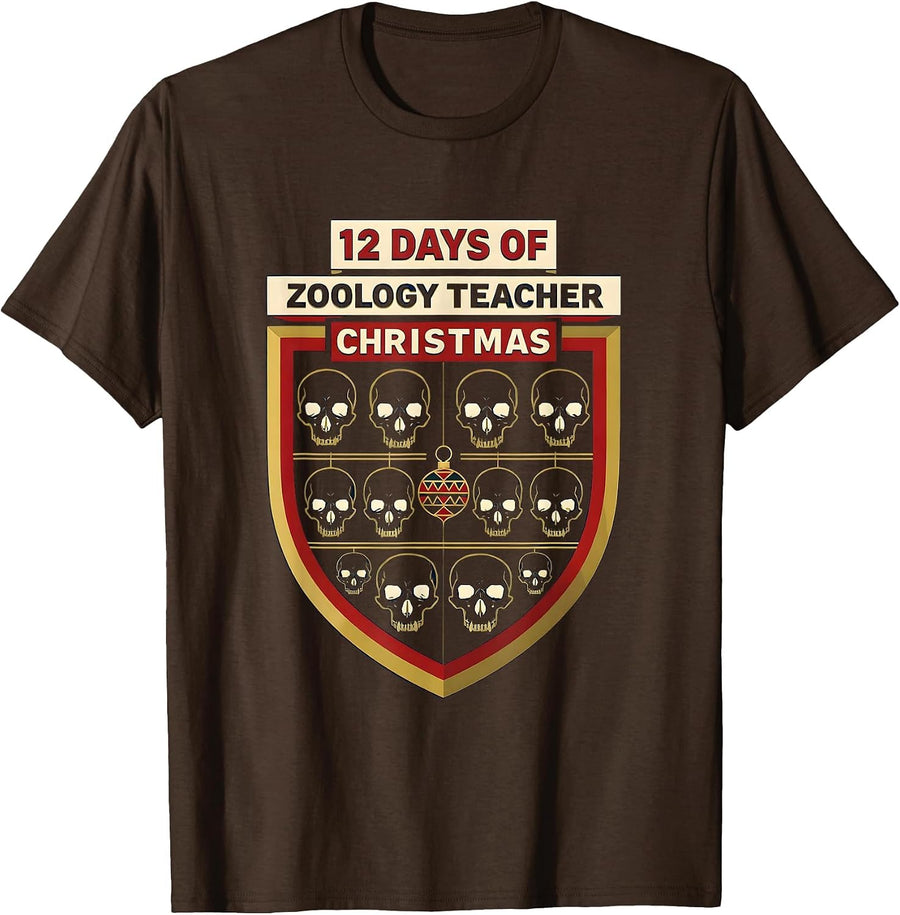 12 Days of Zoology Teacher Christmas Emblem Funny Gift T-Shirt - Brown