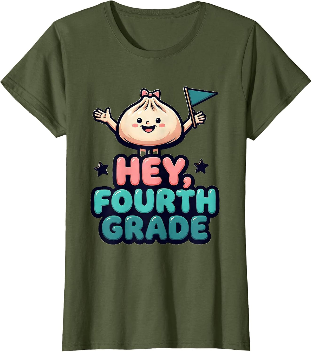 Women's Hey, Fourth Grade Cartoon Dumpling Girl Back to School T-Shirt - Olive Green