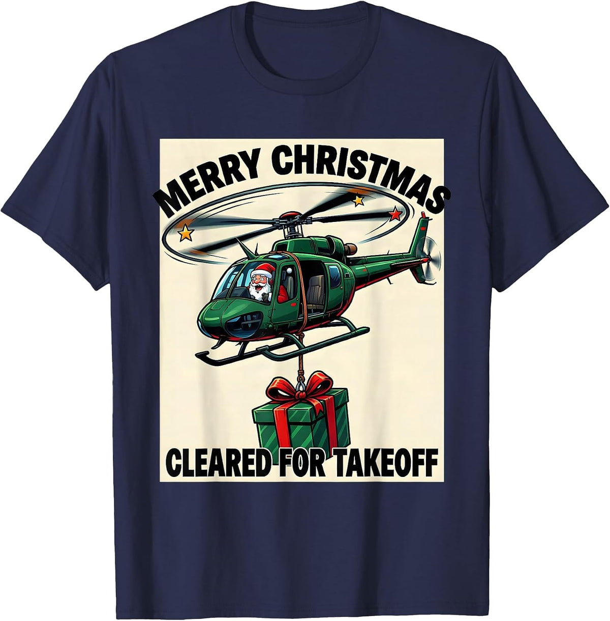 Merry Christmas Cleared For Takeoff Cartoon Pilot Aviation T-Shirt - Navy Blue