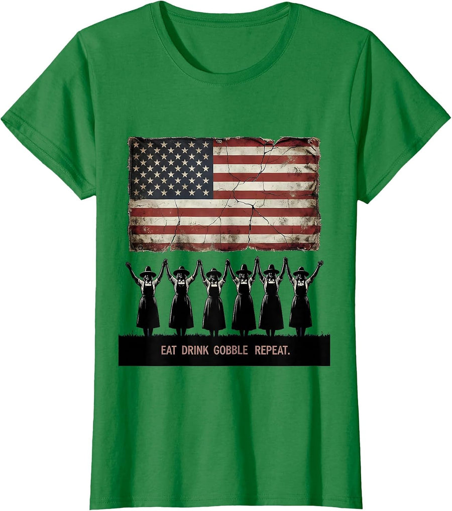 Women's Eat Drink Gobble Repeat Thanksgiving Design T-Shirt - Kelly Green