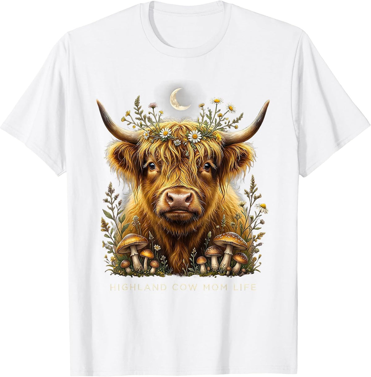 Highland Cow Mom Life Graphic Design T-Shirt - White