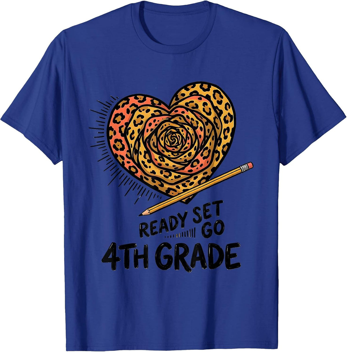 Ready Set Go 4th Grade Leopard Heart Back To School Girl T-Shirt - Royal Blue