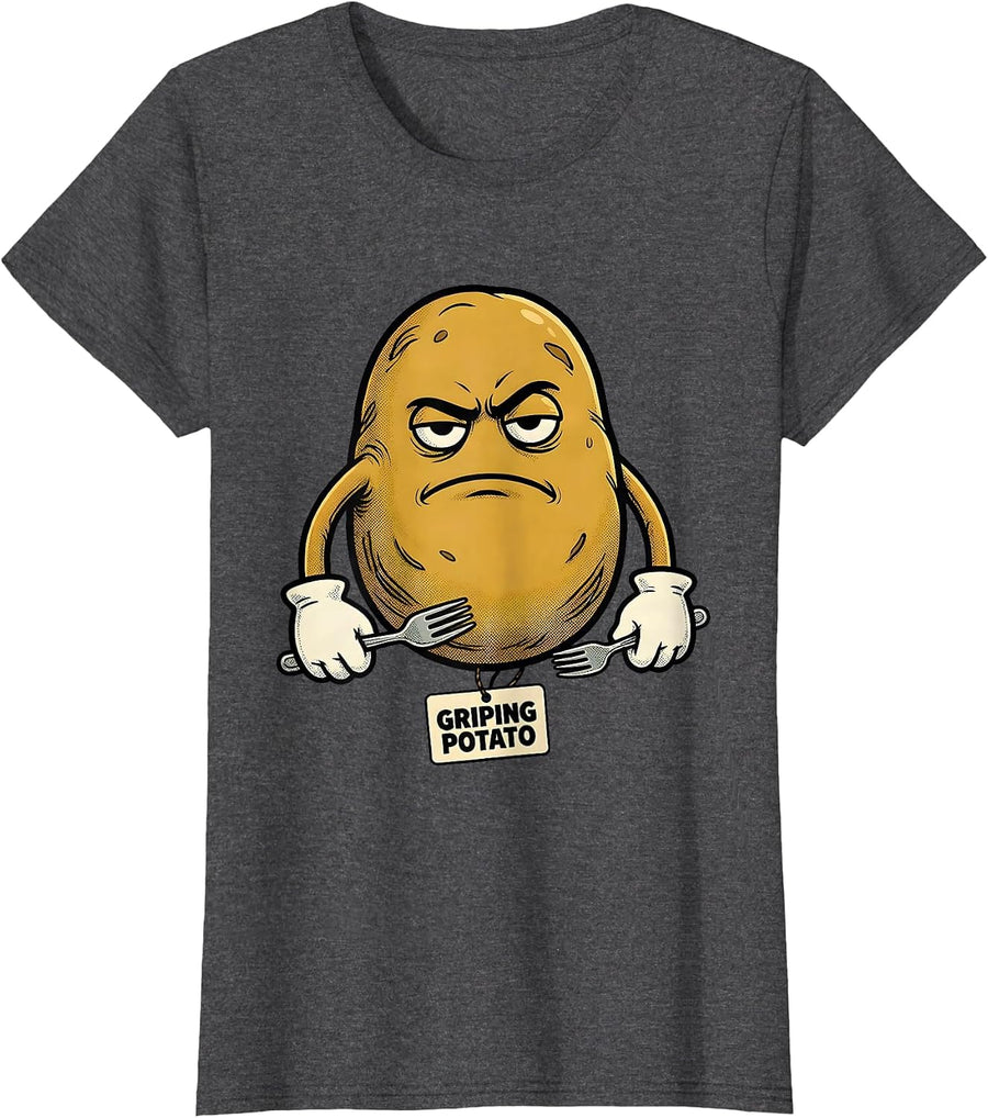 Women's Griping Potato Retro Cartoon Funny Couples Thanksgiving T-Shirt - Dark Heather Grey