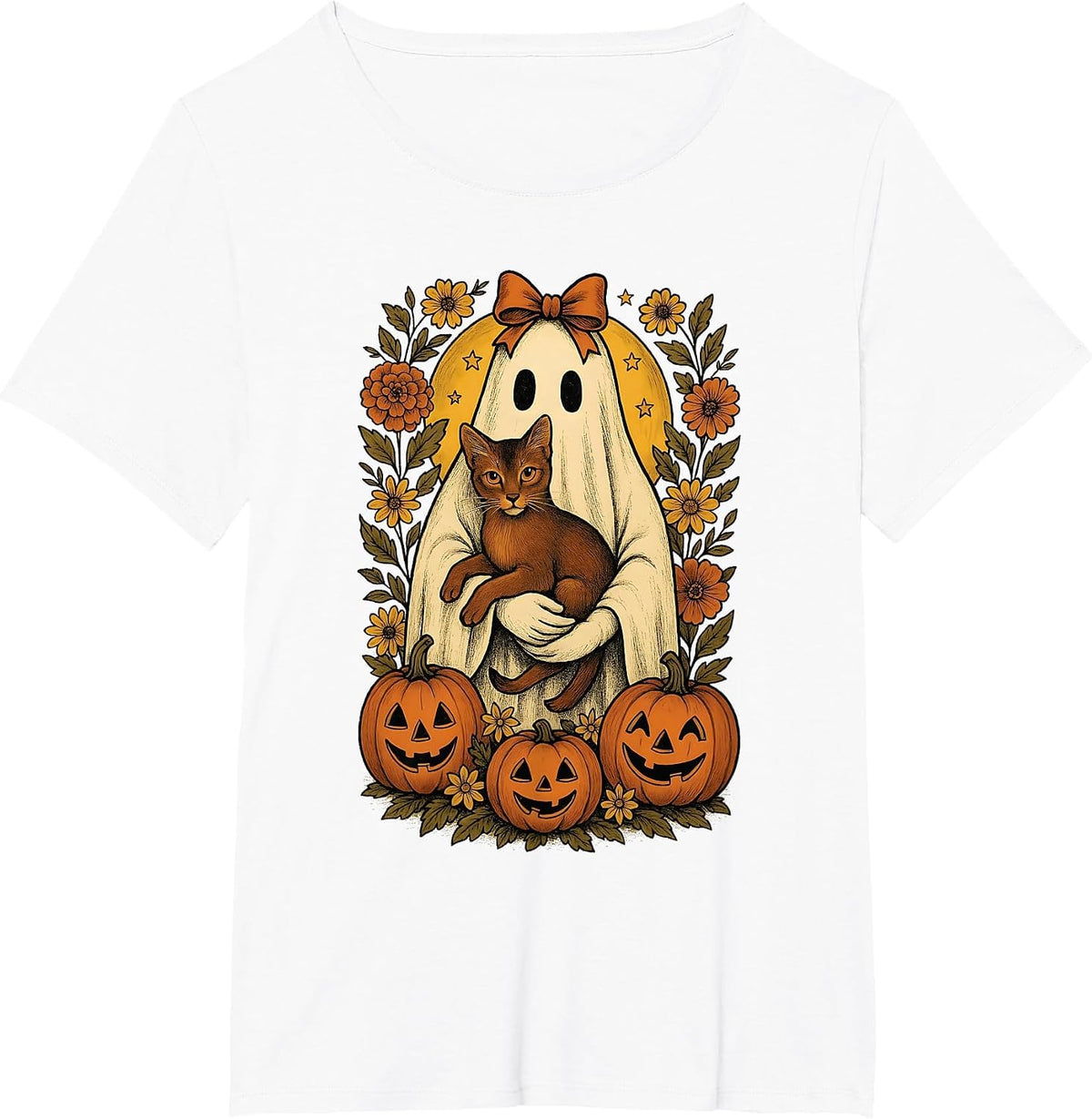 Vintage Ghost Holding Abyssinian Cat with Pumpkins Halloween T-Shirt - White