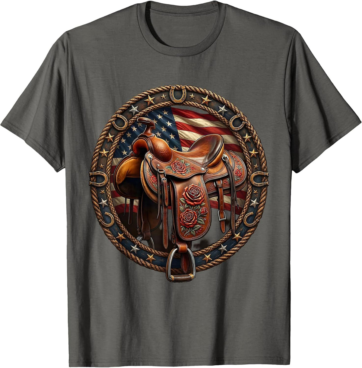 Men's Floral Stitched Leather Saddle Cowgirl Design T-Shirt - Asphalt Grey