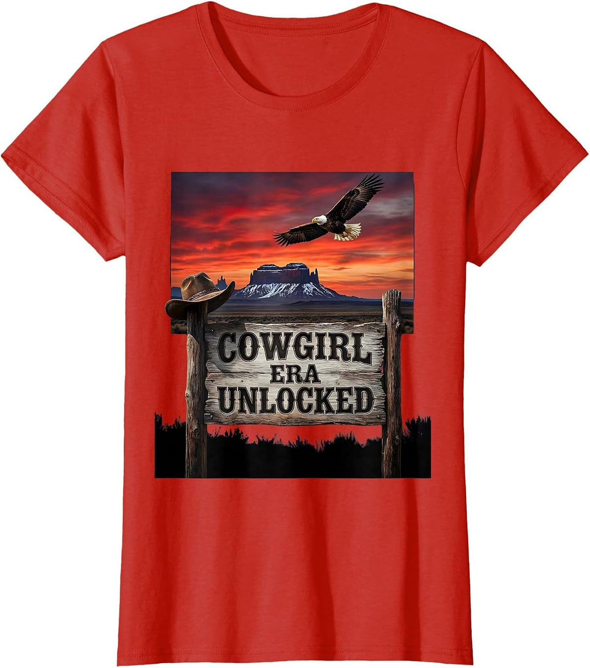 Women's Black Cowgirl Era Unlocked Western Design T-Shirt - Red