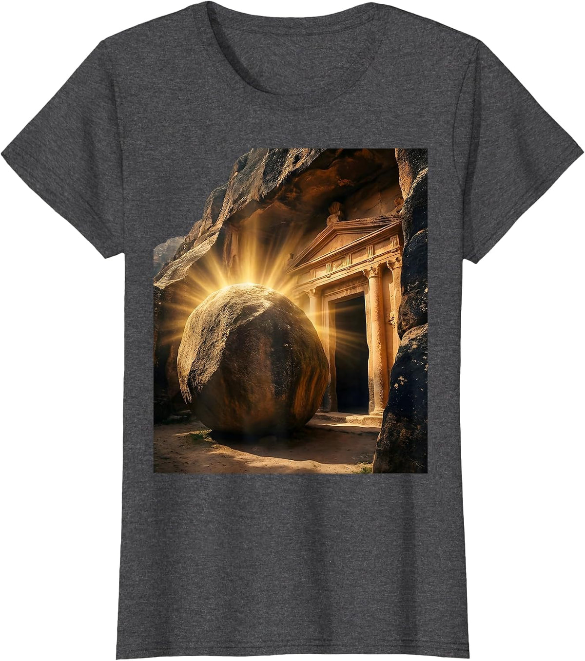 Women's Jesus Stone Tomb Sealed Boulder Illustration T-Shirt - Dark Heather Grey