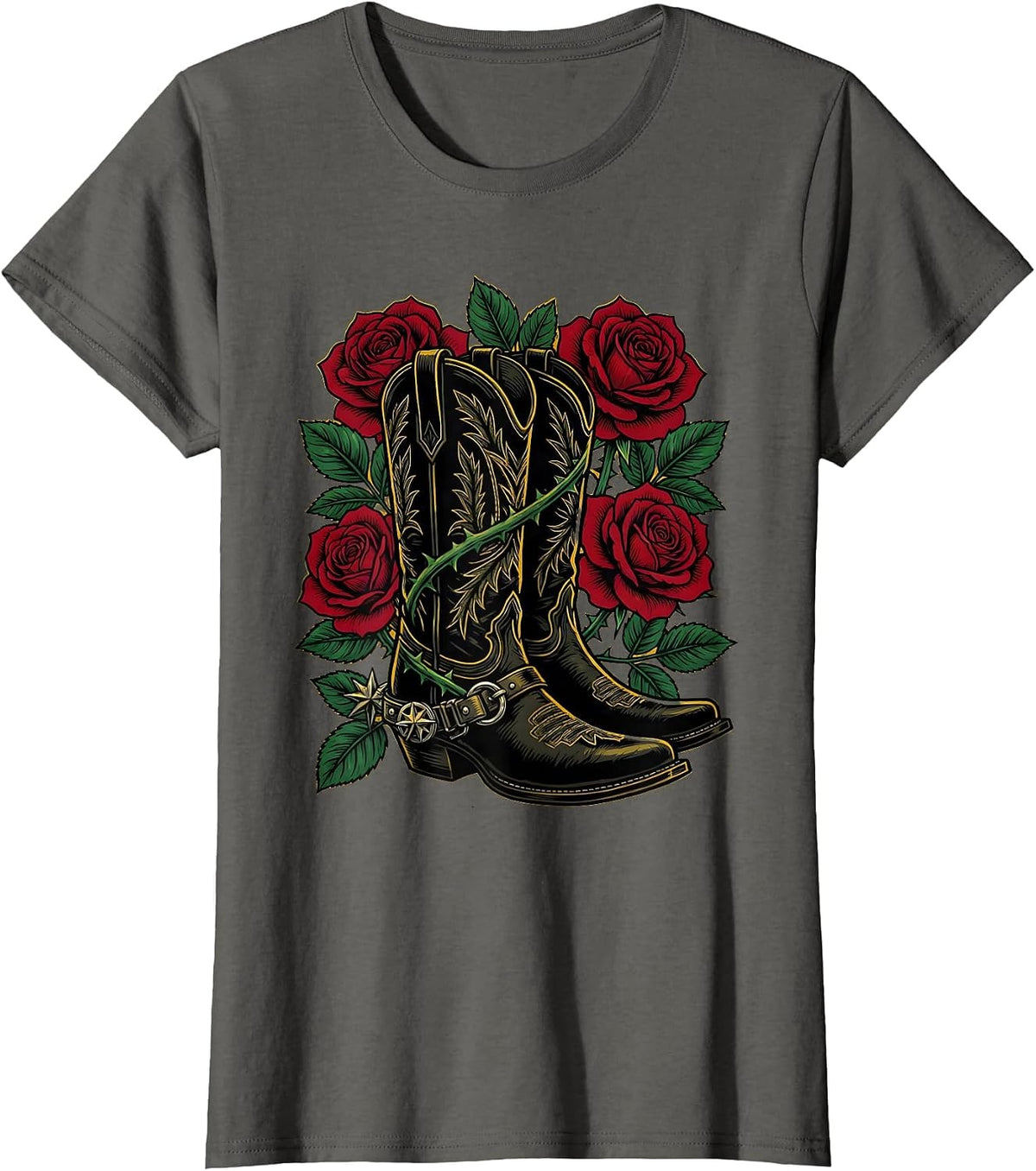 Women's Cowboy Boots Spurs and Roses Western Graphic T-Shirt - Asphalt Grey