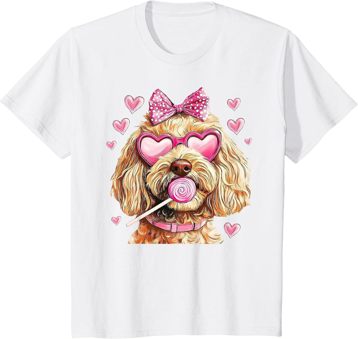 Cute Goldendoodle Wearing Glasses Heart Puppy Valentines Bow T-Shirt - White
