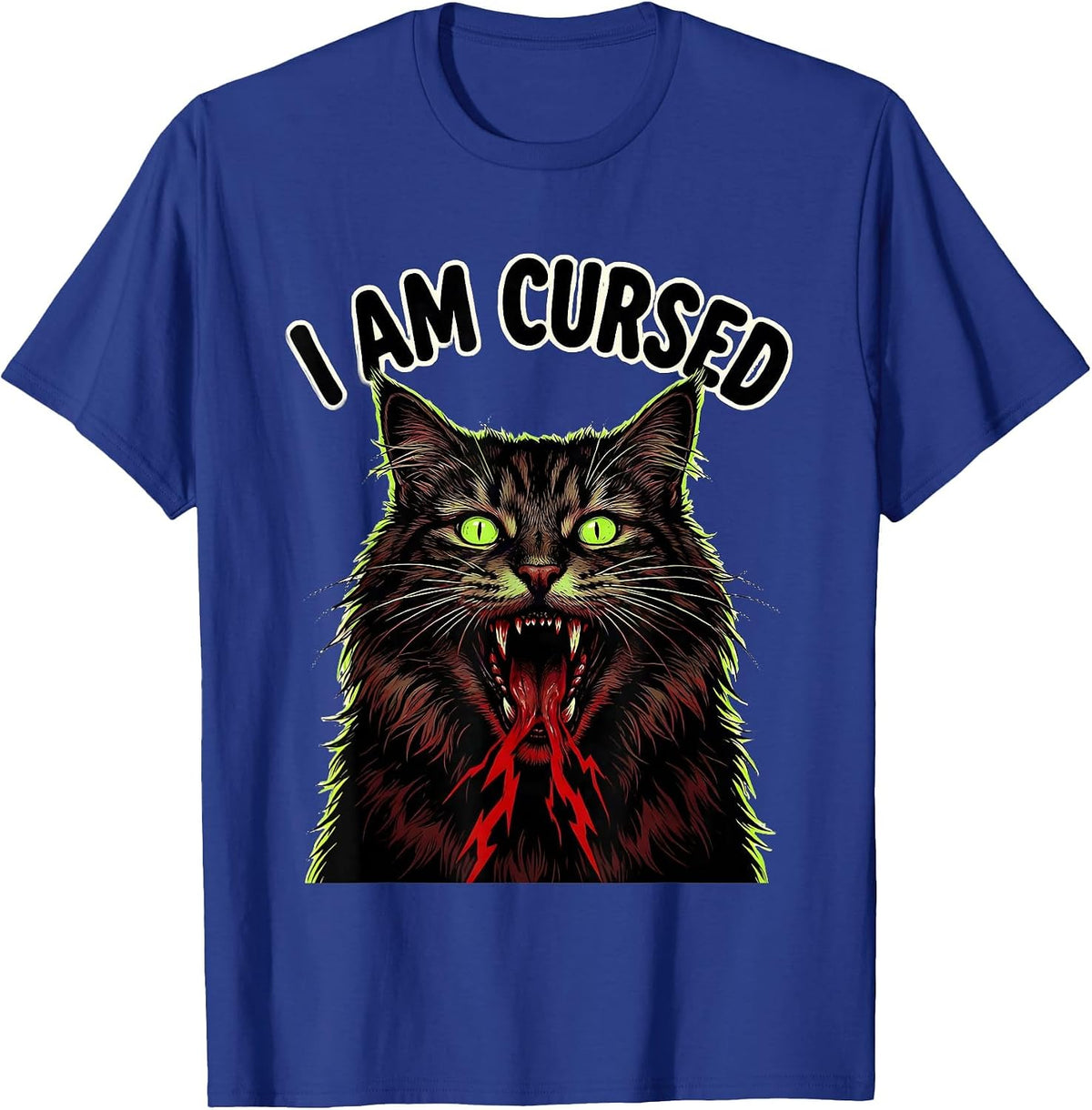 Men's I Am Cursed Horror Funny Cat Meme Bootleg Brainrot T-Shirt - Royal Blue