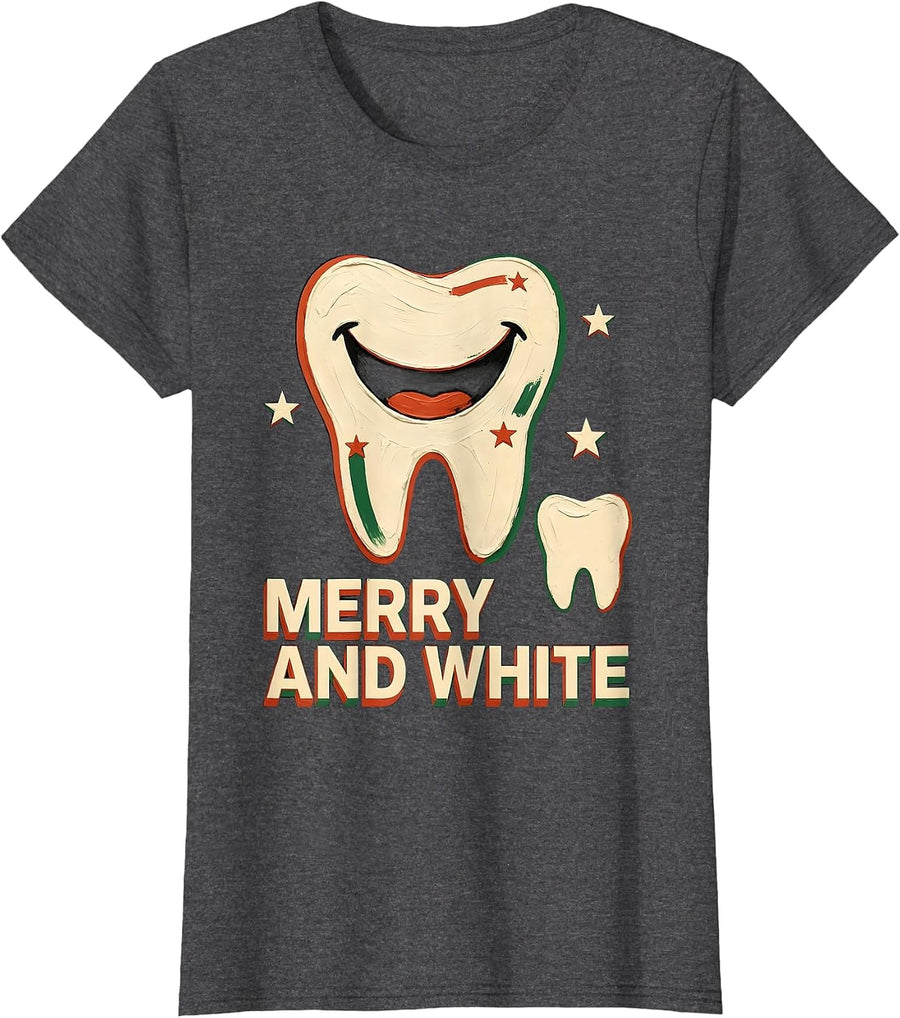Women's Merry and White Funny Dental Christmas Dentist Dental T-Shirt - Dark Heather Grey
