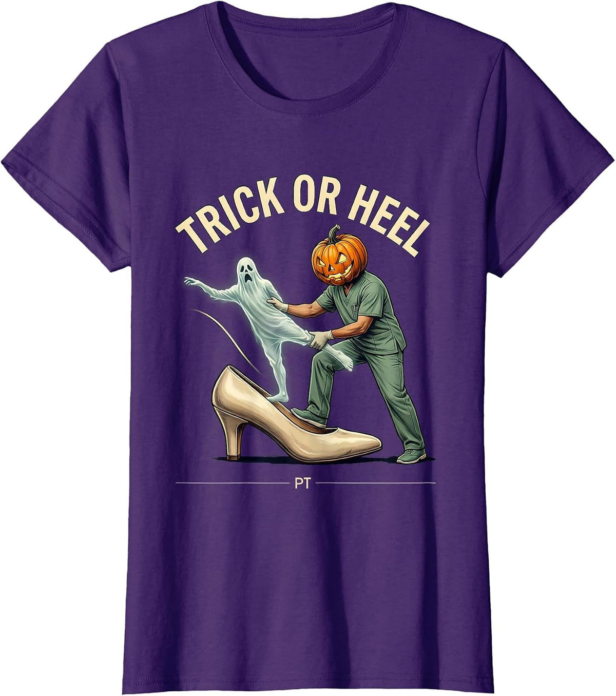 Women's Trick Or Heel PT Physical Therapy Halloween Ghost Therapist T-Shirt - Purple