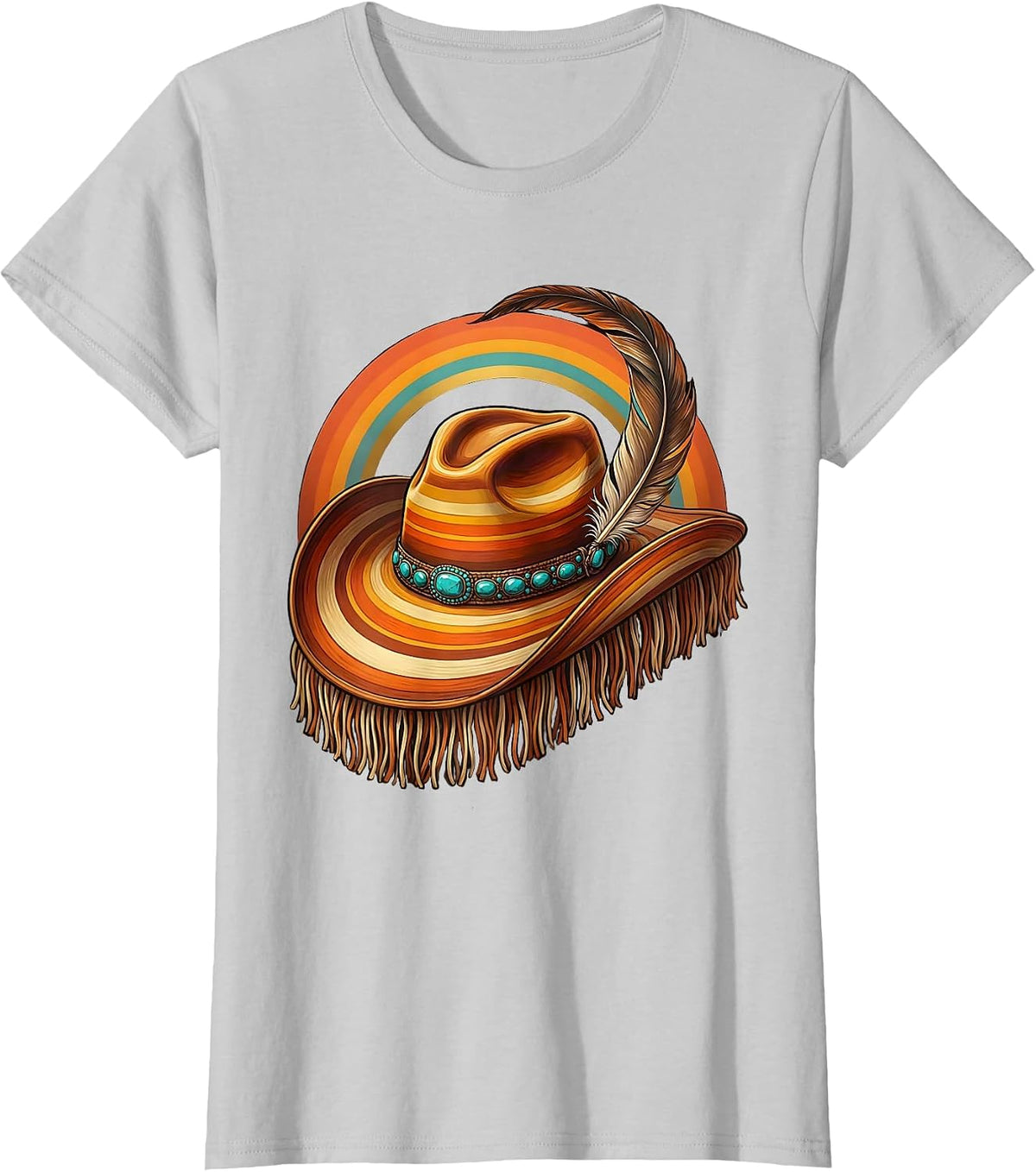 Women's Cowboy Hat Feather Turquoise Western Illustration T-Shirt - Silver Grey