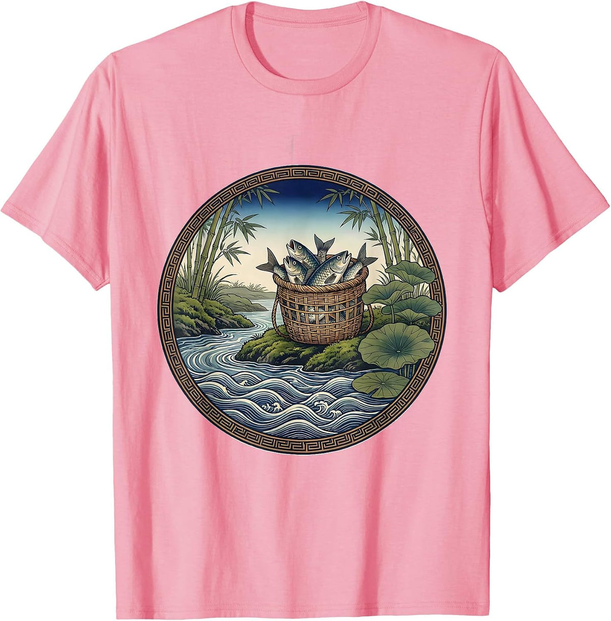Men's Full Creel Basket on Mossy Bank Fishing Design T-Shirt - Pink