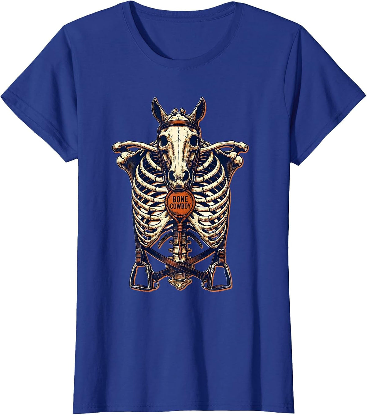 Women's Bone Cowboy Risograph Skeleton Horse Equestrian Halloween T-Shirt - Royal Blue