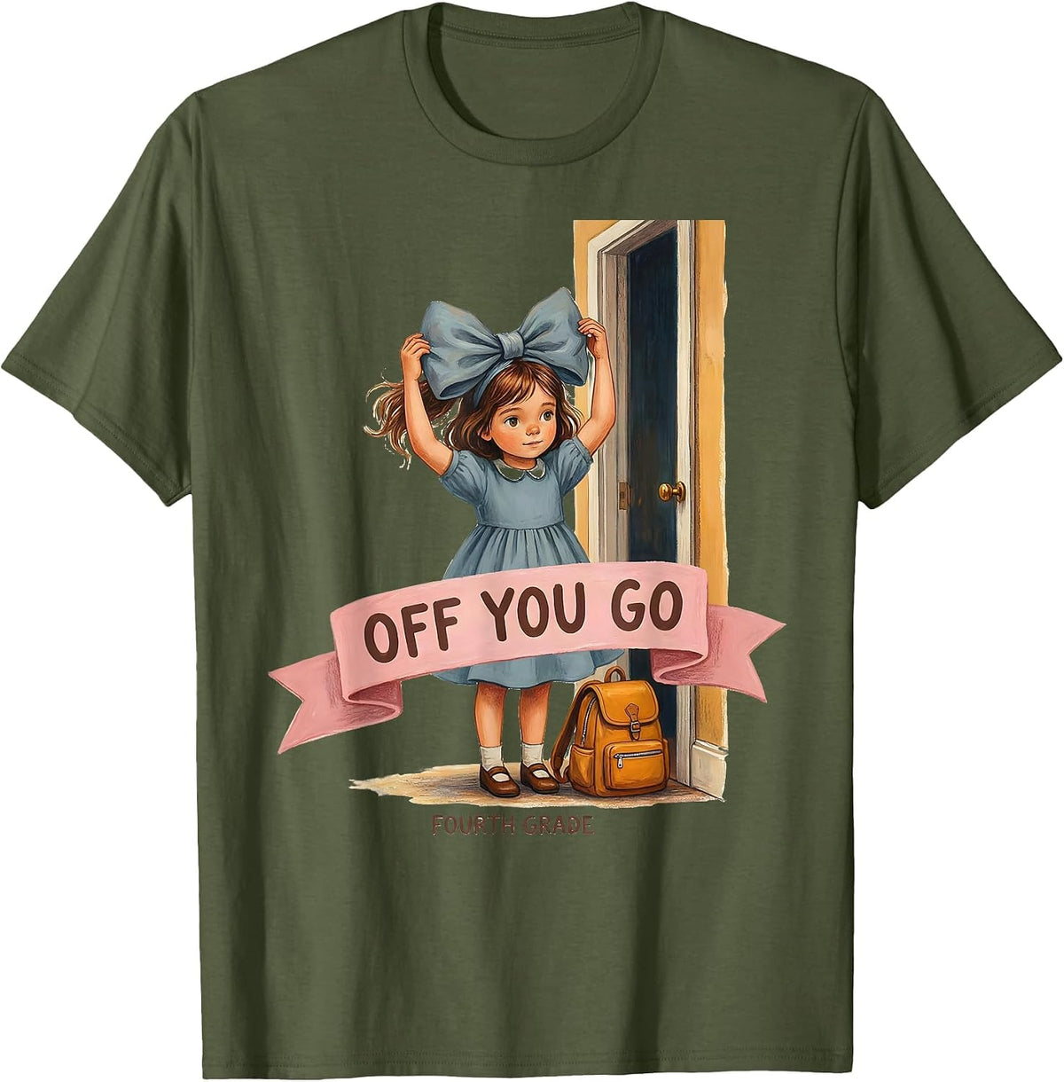 Off You Go Fourth Grade Watercolor Coquette Bow T-Shirt - Olive Green