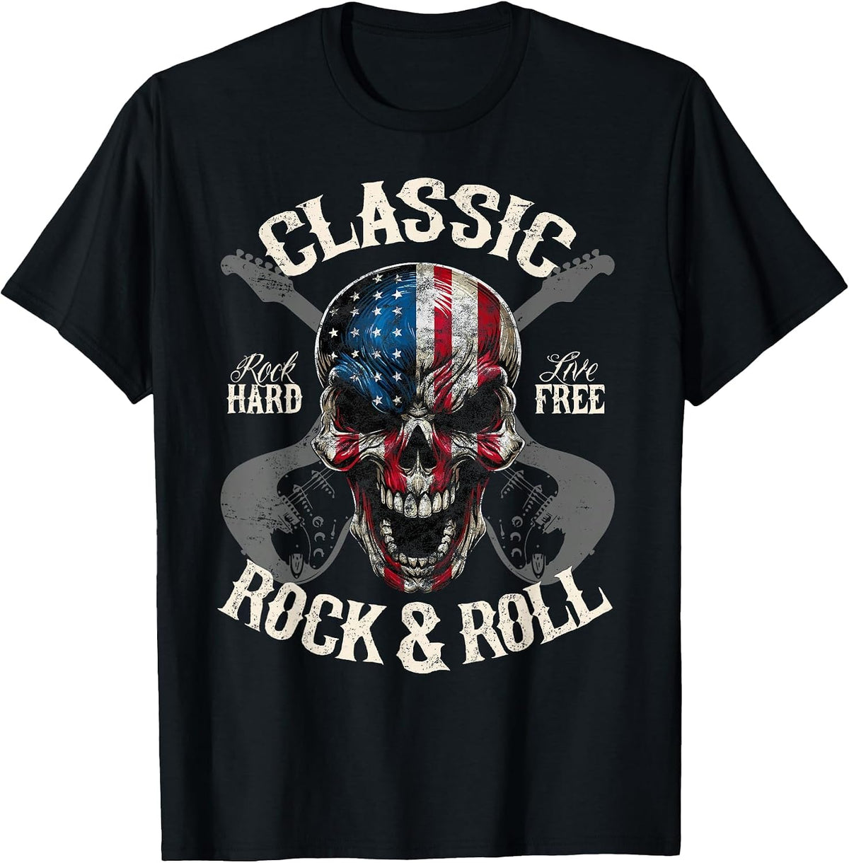 Classic Rock and Roll American Flag Guitar Skull Concert T-Shirt - Black