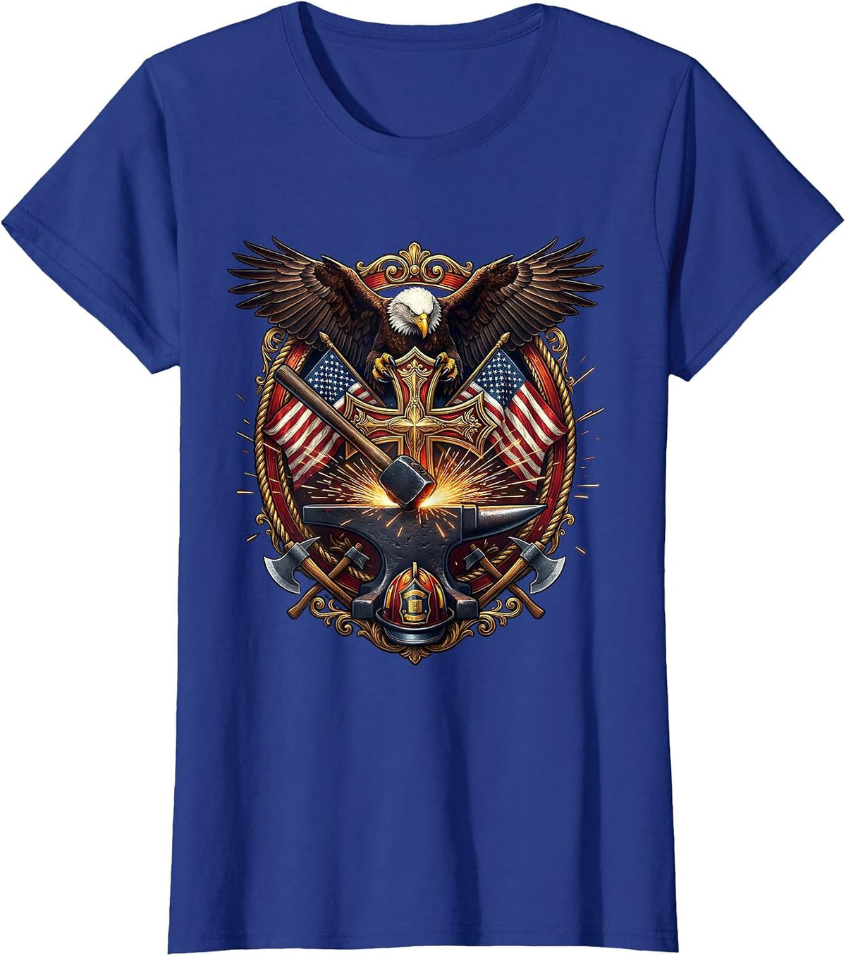 Women's Forge Hammer and Anvil Sparks Blacksmith Graphic T-Shirt - Royal Blue